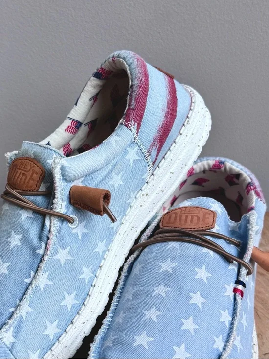 Hey Dude Wally Americana Denim Star Mens Loafers Size 9 Patriotic Slip On Stars - Picture 5 of 10